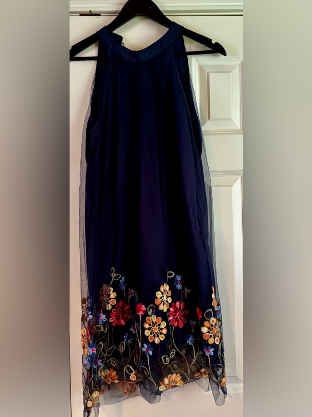 Navy Embroidered Floral Maxi Dress with Tulle Overlay